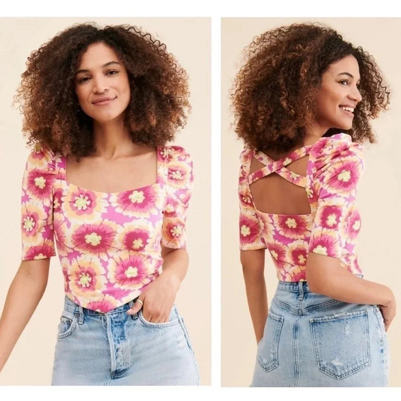 Free People Tops - NWT Free People XS Give Me More Square Neck Floral Puff Sleeve Crop Top Pink